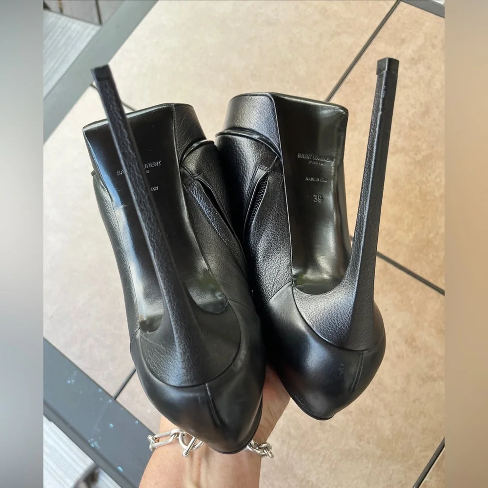 SAINT LAURANT PARIS/YSL LADIES BLACK SILVER STUD PLATFORM HEEL BOOTIES-9M - Picture 11 of 16